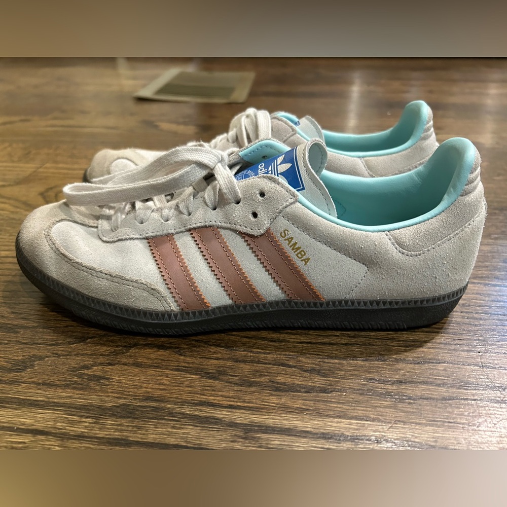 adidas Samba Suede Sneakers in Off-White with Pink Stripes and Aqua Lining